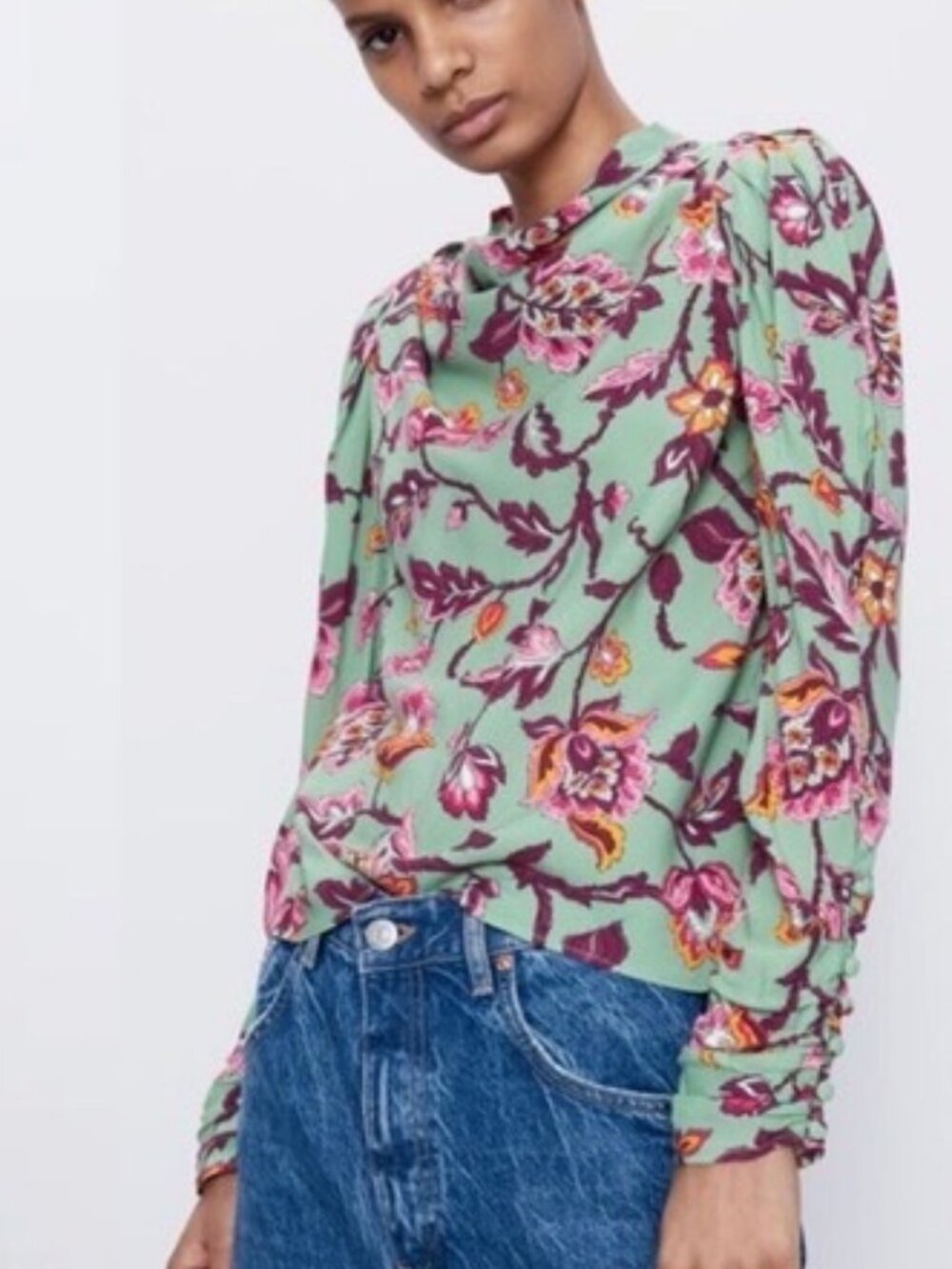 ZARA | Floral Draped Blouse Long Sleeve Top | Sz. S